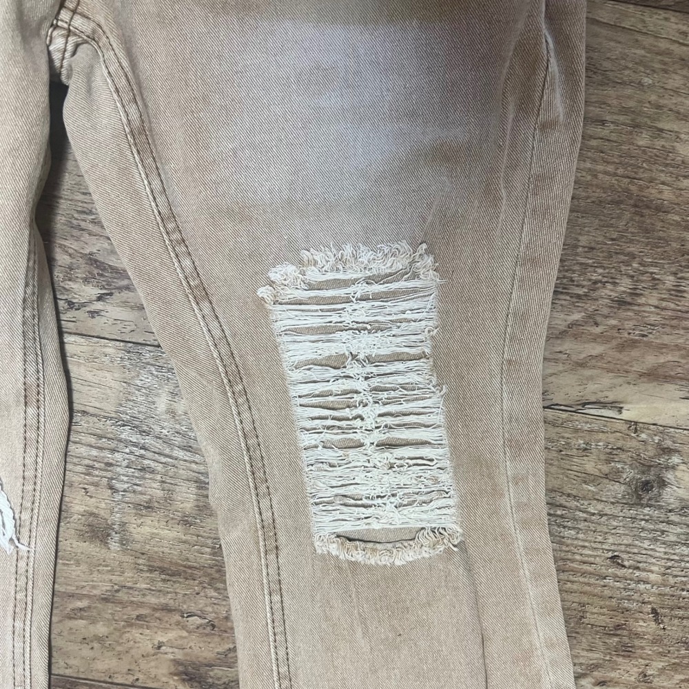Unbranded Tan Distressed Flare Jeans High Rise Ripped Raw Hem Sand Wash Size M - Picture 7 of 10